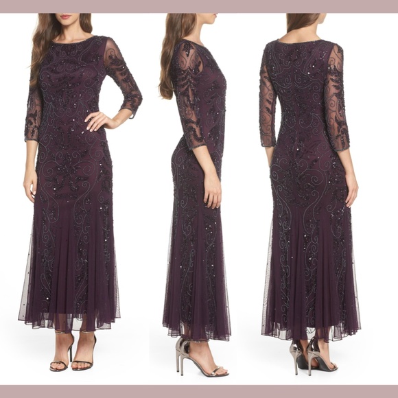 NEW Pisarro Nights Embellished Mesh Gown Eggplant‎ - Picture 2 of 12